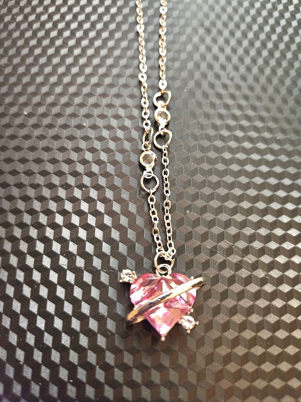 Silver Brand Heart Pendant Necklace with Pink Crystal